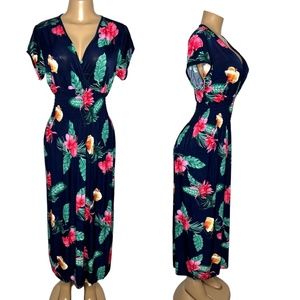 NWT Size S/M Women Navy Blue Long Floral A-Line Stretchy Wrap Summer Maxi Dress